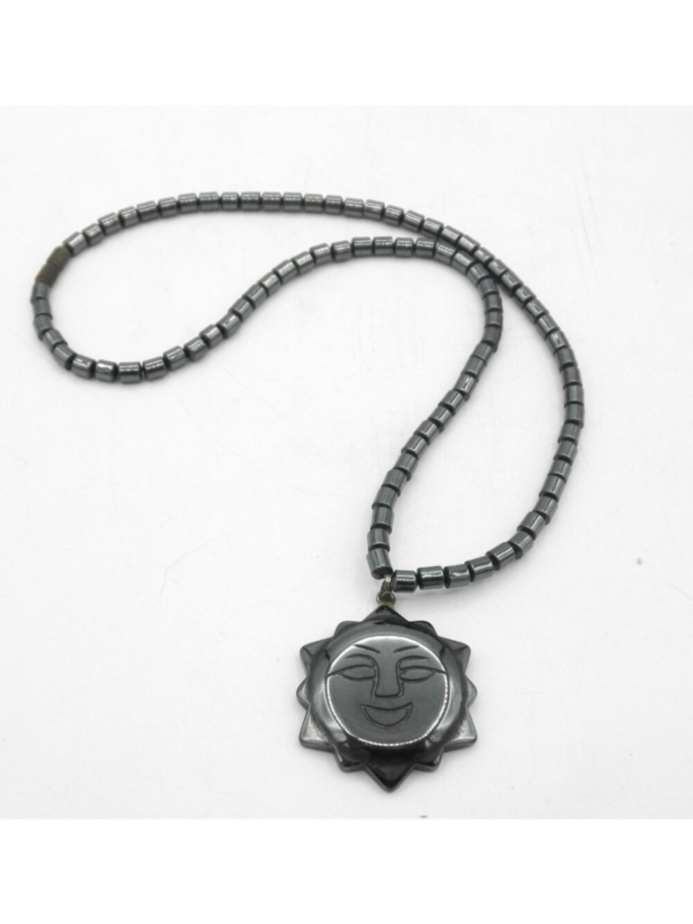 Hematite Beaded Necklace Metallic Gray Black With Sun Face Pendant 17 Inches - Picture 7 of 7